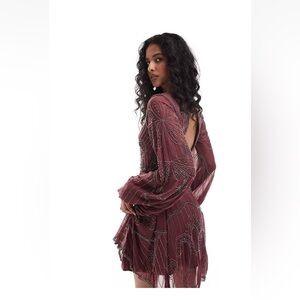 ASOS DESIGN Hand embellished long sleeve holiday evening 14 Burgundy bead dress